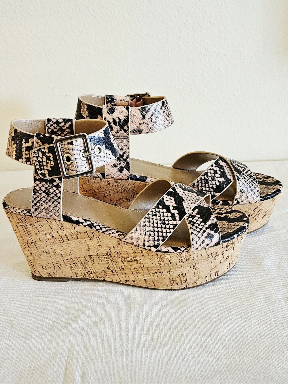 Woven Snake-Print Cork Wedge Sandals - Black & Blush Pink NWT